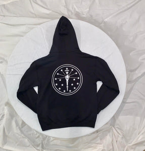 rear of Black Streetwear Hoodie with INDY logo 
