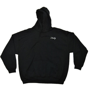 simple black hoodie with foddy logo for streetwear 