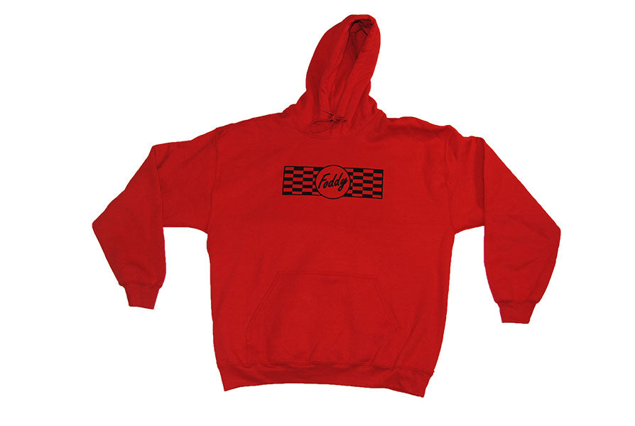 red race day hoodie with foddy logo